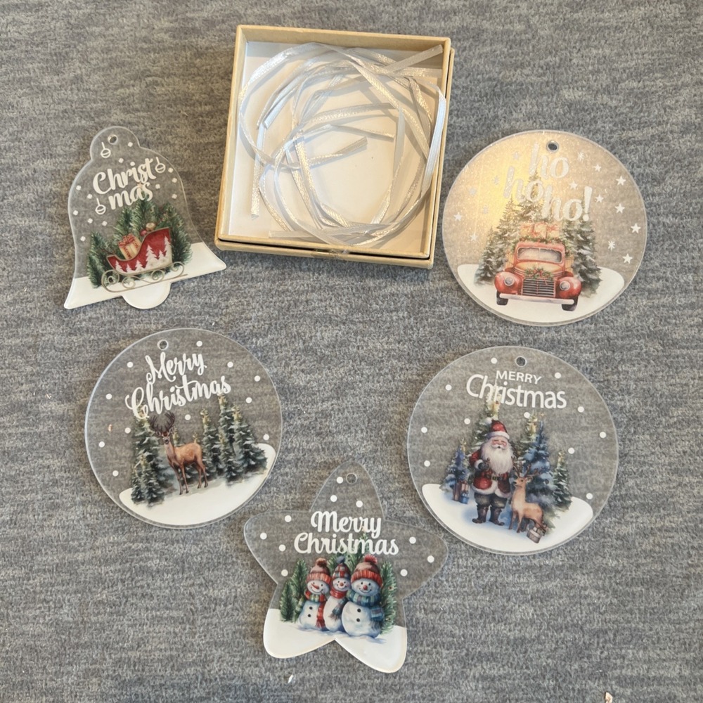 Christmas Ornaments Acrylic Printed Clear Colorful Thin Decorating Gifts Box New